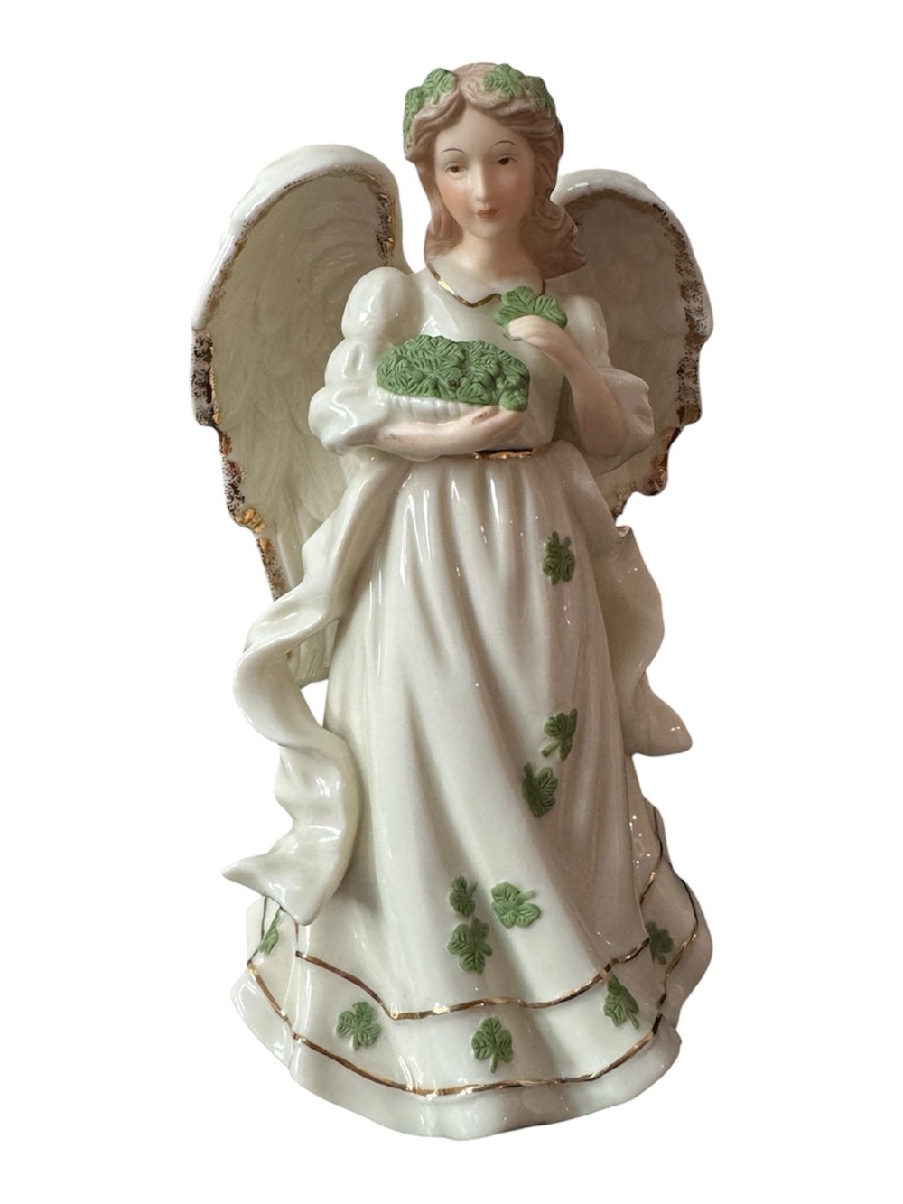Vtg Sankyo Irish Angel Porcelain Music Box 2002 Shamrocks - WORKING